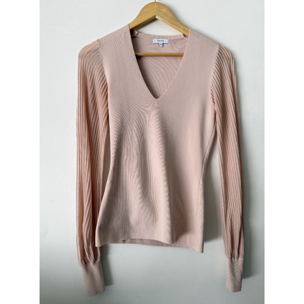 Reiss Top Womens XS Peach Savannah V-Neck Knitted Compact Bodice Stretch Blouse